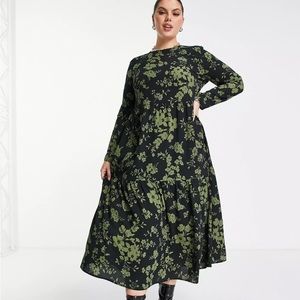 ASOS Curve long sleeve tiered smock midi dress in khaki floral - US 18
